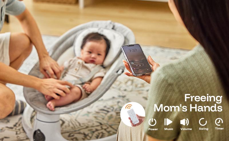 HARPPA Compact Electric Baby Swing with Music Speaker, Newborn Bouncer & Rocking Chair, Foldable Bassinet for Baby with Harness, 5 Adjustable Speeds