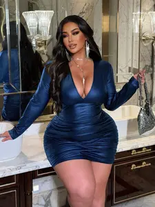 [HILLAR] This Elegant V-Neck, Fitted Leather Long-Sleeved Mini Blue Dress Is Perfect For Spring And Autumn. It's Suitable For Everyday Wear, New Year's Outfits, Christmas Outfits, Holiday Outfits, Valentine's Day Outfits, And Party Outfits.