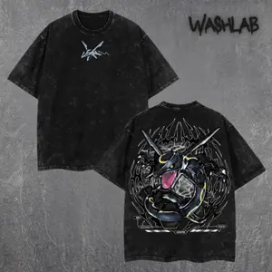 "Rayquaza" Retro Graphic Tee Double Sided Print Oversized Acid-Washed Heavyweight Cotton T-Shirt – Unisex Anime Manga Tee, Perfect Gift for Anime Fans and Lovers Menswear Tops