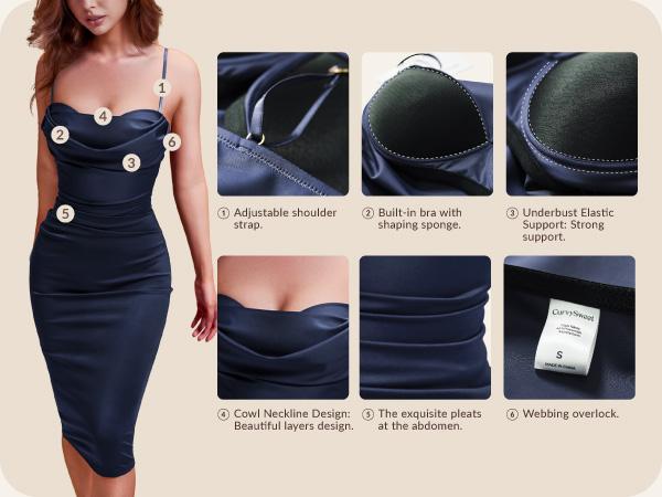 Curvysweet CDK0522A Elegant Draped Neckline Midi Bodycon Spaghetti Strap Dress with Built-In Bra & Ruched Waist — Perfect for New Year, Valentine’s Day, Date Night, Cocktail Parties, Wedding Guests & Birthdays