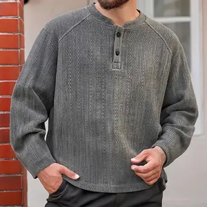 Men’s Gray Textured Henley Sweater – Ribbed Vertical Stripe Knit, Soft and Warm, Essential for Autumn Layering and Everyday Casual Wear