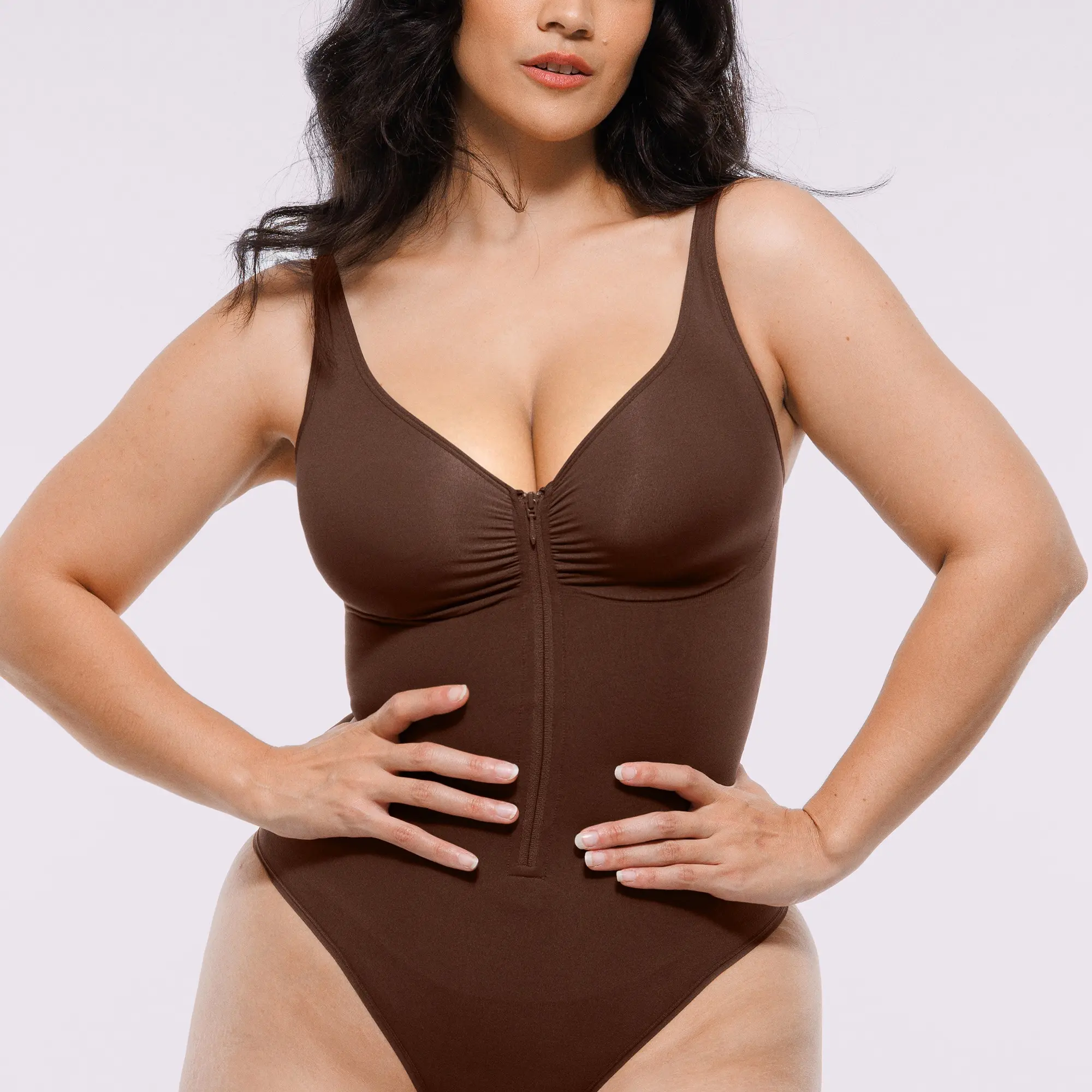 Sleeveless Zipper Front Thong-Brown