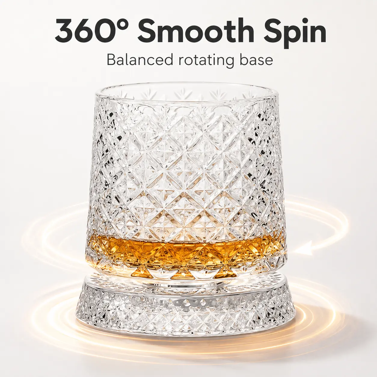 Spinning Whiskey Glass 9 oz, Crystal Rotating Rocks Glass, Heavy Base Bourbon Tumbler