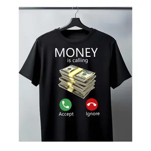 Men's Black Cotton T Shirt with Humorous Money Is Calling Graphic Design
