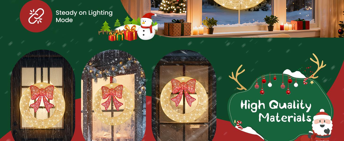 Pre-Lit Christmas Wreath, LED Lighted Holiday Outdoor Decoration with Bow for Door, Mantel, Wall, Windows, Front Door Decor, Gold Wreath