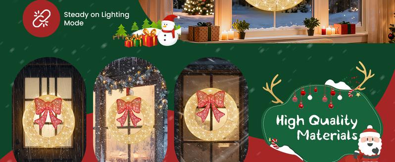 Pre-Lit Christmas Wreath, LED Lighted Holiday Outdoor Decoration with Bow for Door, Mantel, Wall, Windows, Front Door Decor, Gold Wreath