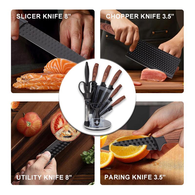 9-Piece Kitchen Knife Set - Black Chef Knife Set with Sharp Blades, Non-Stick Stainless Steel Cooking Knives Set, Ergonomic Wood Grain Handle, Aesthetic Kitchen Knives,Meat Knife Block