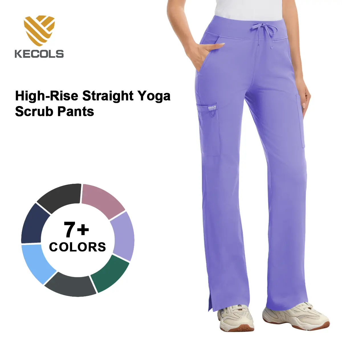 Kecols High Rise Yoga Scrub Pants Women - Straight Leg Uniform Pants with Cargo Pocket, Anti-Wrinkle & Knit Yoga Waistband 5 Pockets&4-Way Stretch Gym Workout Sportswear Gym Sportswear Bottoms