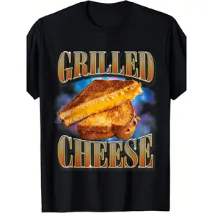 Men's Humorous Grilled Cheese Meme T-Shirt Featuring Retro 90s Vintage Graphic with Toast Design and Bold "Grilled Cheese" Lettering Soft Breathable Fabric for Food Enthusiasts Ideal as Quirky Casual Gift