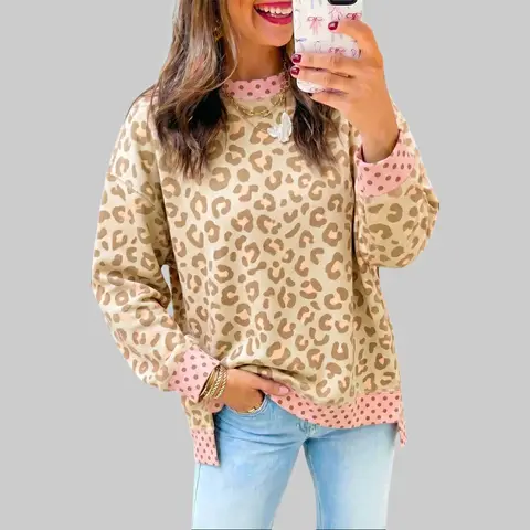 Women's S-4X Khaki Leopard Print Contrast Polka Dot Trim Crewneck Pullover Sweatshirt - Plus Size Western Cozy Animal Print Shirt, Loose Casual Long Sleeve Tops, Women's Clothes for Curvy Figures