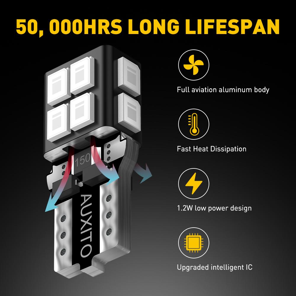 AUXITO 194 LED Bulb 6000K White 168 2825 W5W T10 Wedge 14-SMD Interior Car Bulbs Replacement for Dome Map Door Courtesy Trunk Parking License Plate Lights, 10 PCS