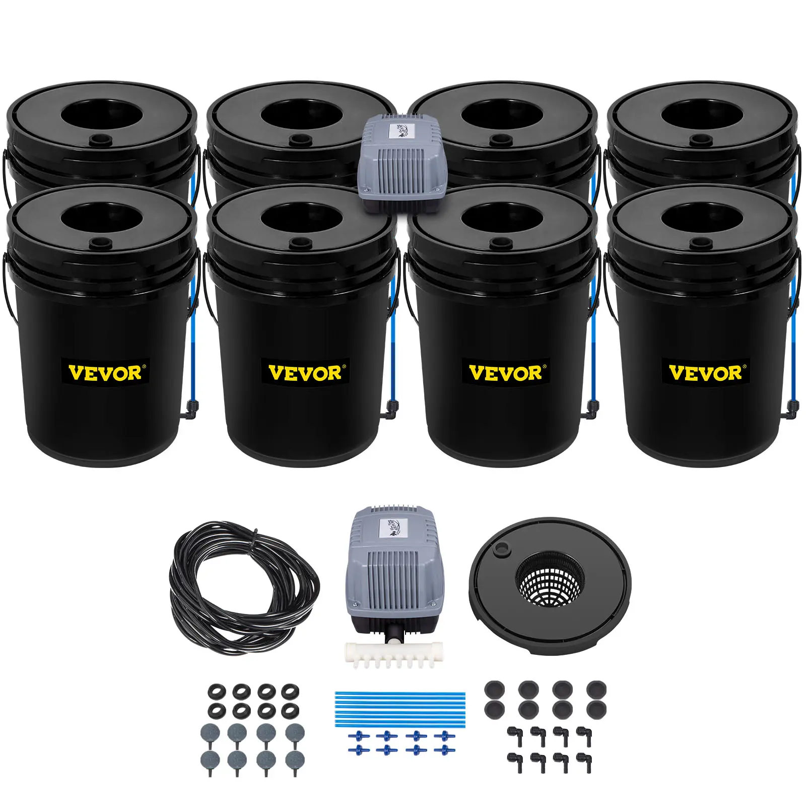 【Summerfinds】VEVOR DWC Hydroponic System 5 Gallon 8 BucketsDeep Water Culture Growing BucketHydroponics Grow Kit with PumpAir Stone and Water Level Devicefor Indoor/Outdoor Leafy Vegetables