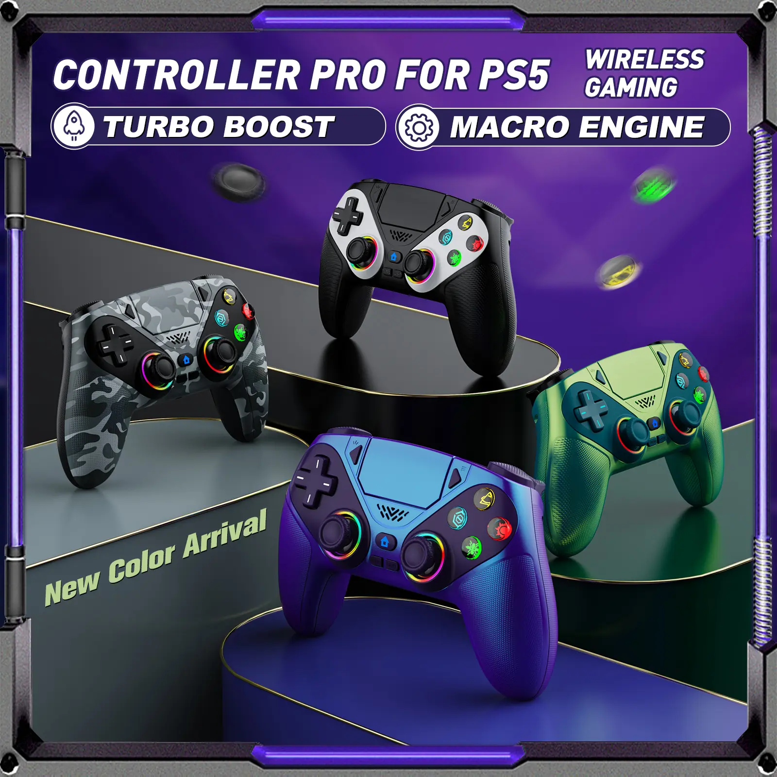 Wireless Pro Gamepad for PS5 Console - LED RGB Light, Turbo, Macro Programmable Buttons, Dual Vibration, Motion Sensing, Anti-Drift Calibration Guide, 1000mAh Fast Charging, Plug Connection, Memory Function Compatibility with Playstation 5