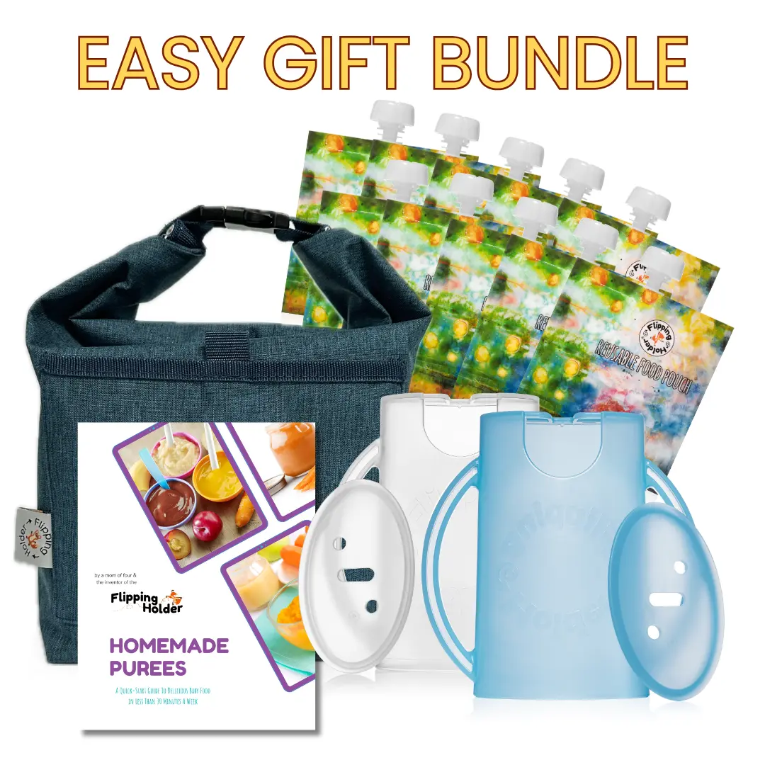 Flipping Holder Travel Bundle with Food Pouch Holder, Reusable Food Pouches, Baby Puree Recipe Book, and Thermal Tote | Ideal for on-the-go snacking and meals with toddlers