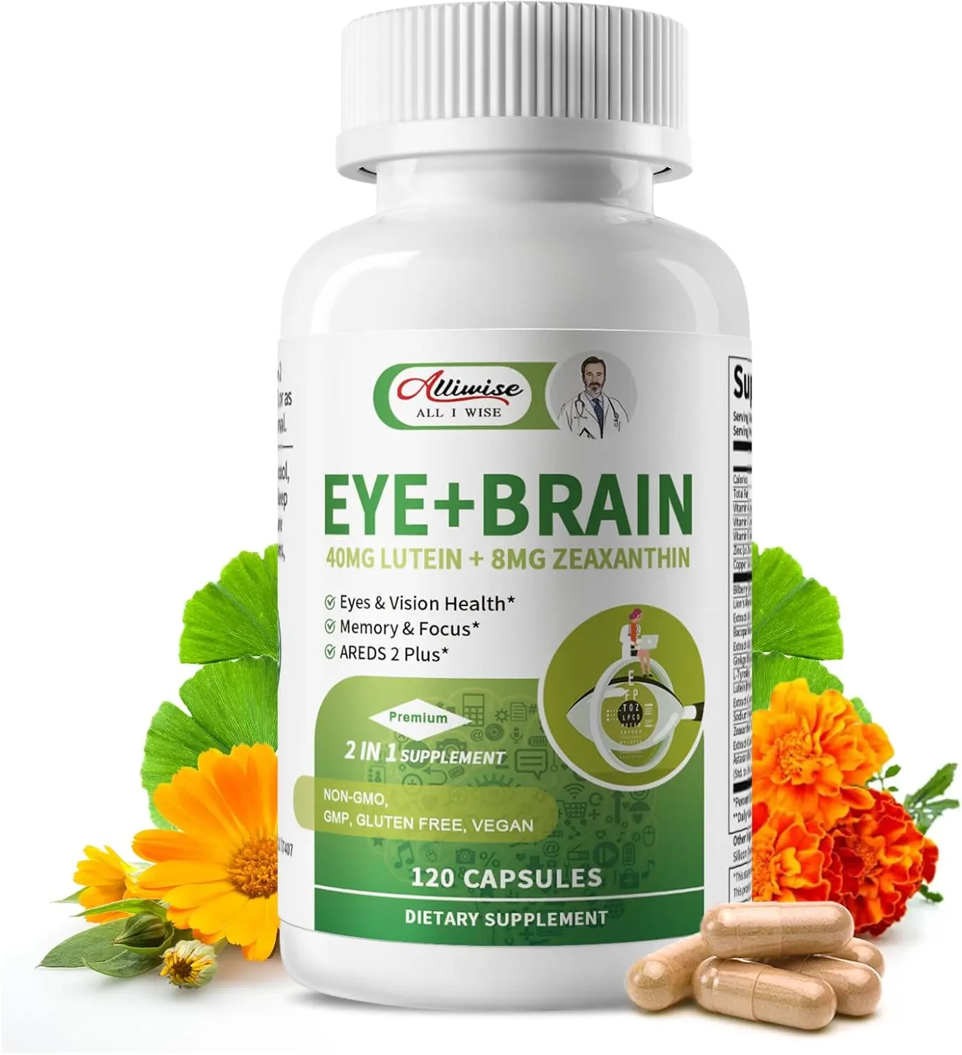 Eye + Brain Supplements for Memory and Focus, Lutein 40mg, Zeaxanthin, Astaxanthin, 14 in 1 Eye Vitamins for Adults & Seniors 120 Capsules