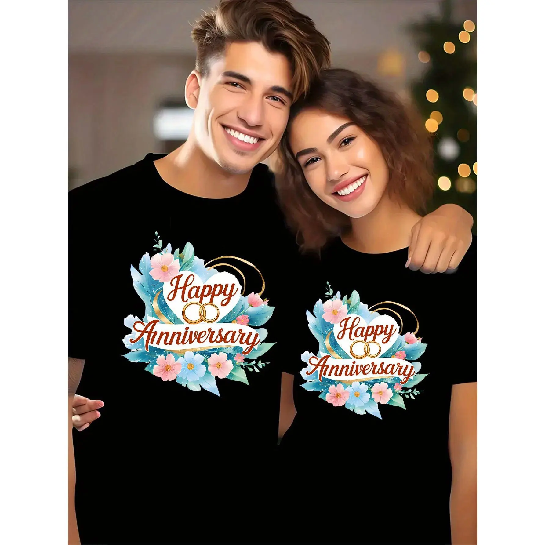Graphic Tee 1pc Happy Anniversary Couple Matching T-Shirts - 220g Heavyweight Cotton, Floral & Heart Print, Unisex Regular Fit Casual Gift for Him & Her, Spring/Fall Machine Washable