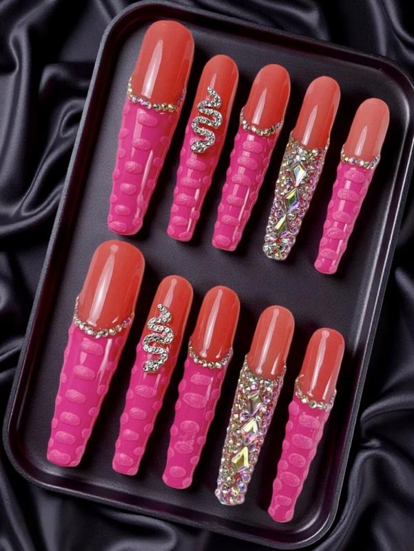 10pcs Handmade Press On Nail Set Extra Long False Nails with Nail Stickers & Blush Charms Box Included for Easy Storage Poly Gel Rhinestone Decor High Quality Glitter