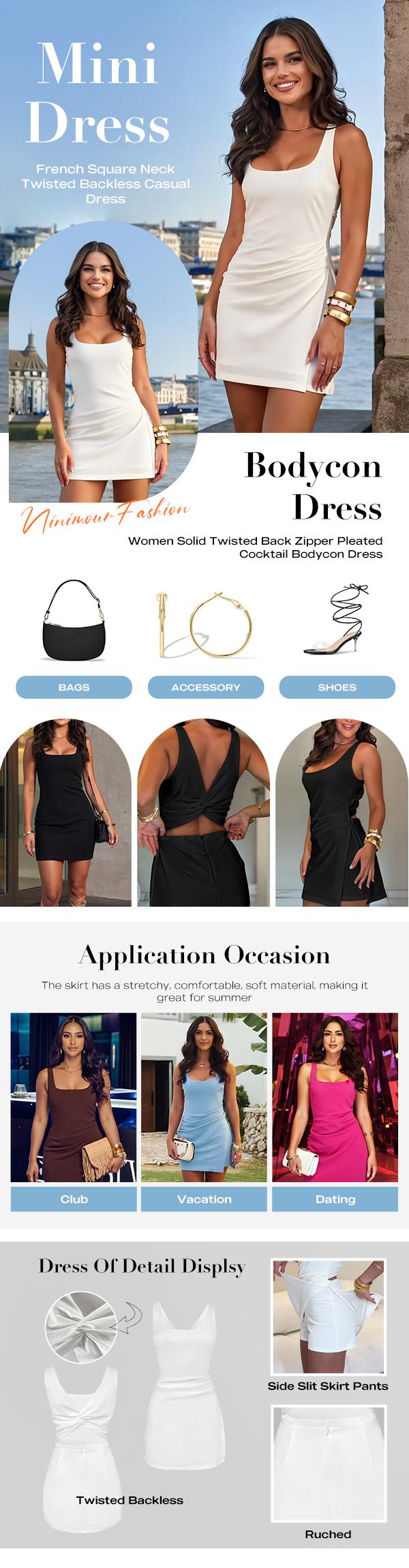 ChicMe Women's French Style Square Neck Skort Romper for Women - Backless Ruched Faux Two-Piece Mini Dress with Built-in Shorts - Elegant Twist Back Bodycon Jumpsuit for Party, Club and Vacation ChicMe Women's French Style Square Neck Skort Romper for Women - Backless Ruched Faux Two-Piece Mini Dress with Built-in Shorts - Elegant Twist Back Bodycon Jumpsuit for Party, Club and Vacation