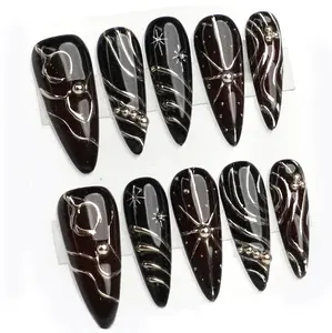 PG27 | Almond Stiletto Meticulously Handmade 10 PCS Solid Design 3D Gel Press-On Nails | Reusable, Long-Lasting, Salon-Quality