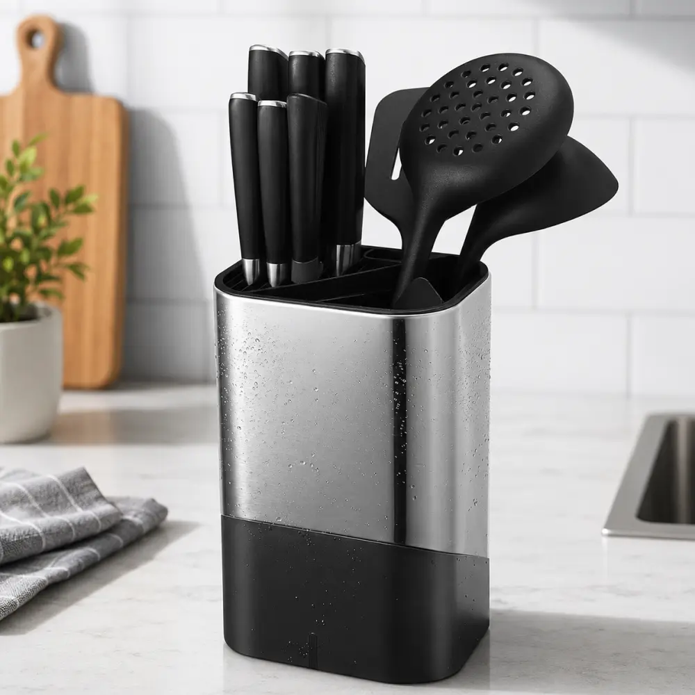 Universal Knife Block, 2-in-1 Stainless Steel Knife and Utensil Holder for Countertop, Fingerprint Resistant Kitchen Organizer, Silver (Knives Not Included)