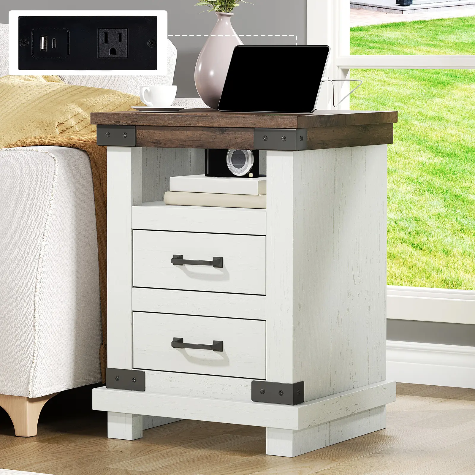 AMERLIFE Farmhouse Nightstand with Charging Station, 18" Wood Rustic Night Stand with 2 Storage Drawers, Heavy Duty Bedside Sofa Side End Tables for Bedroom, Living Room[tiktokshopbacktoschool][SohoChic]