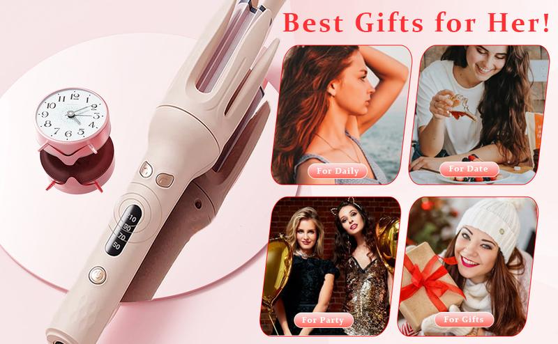 【2026】Automatic Hair Curling Iron with 4 Temperature & 3 Timer, Automatic Shut-Off, Anti-Scald, Anti-Tangle Rotating Curling Wand for Hair Styling, Pink