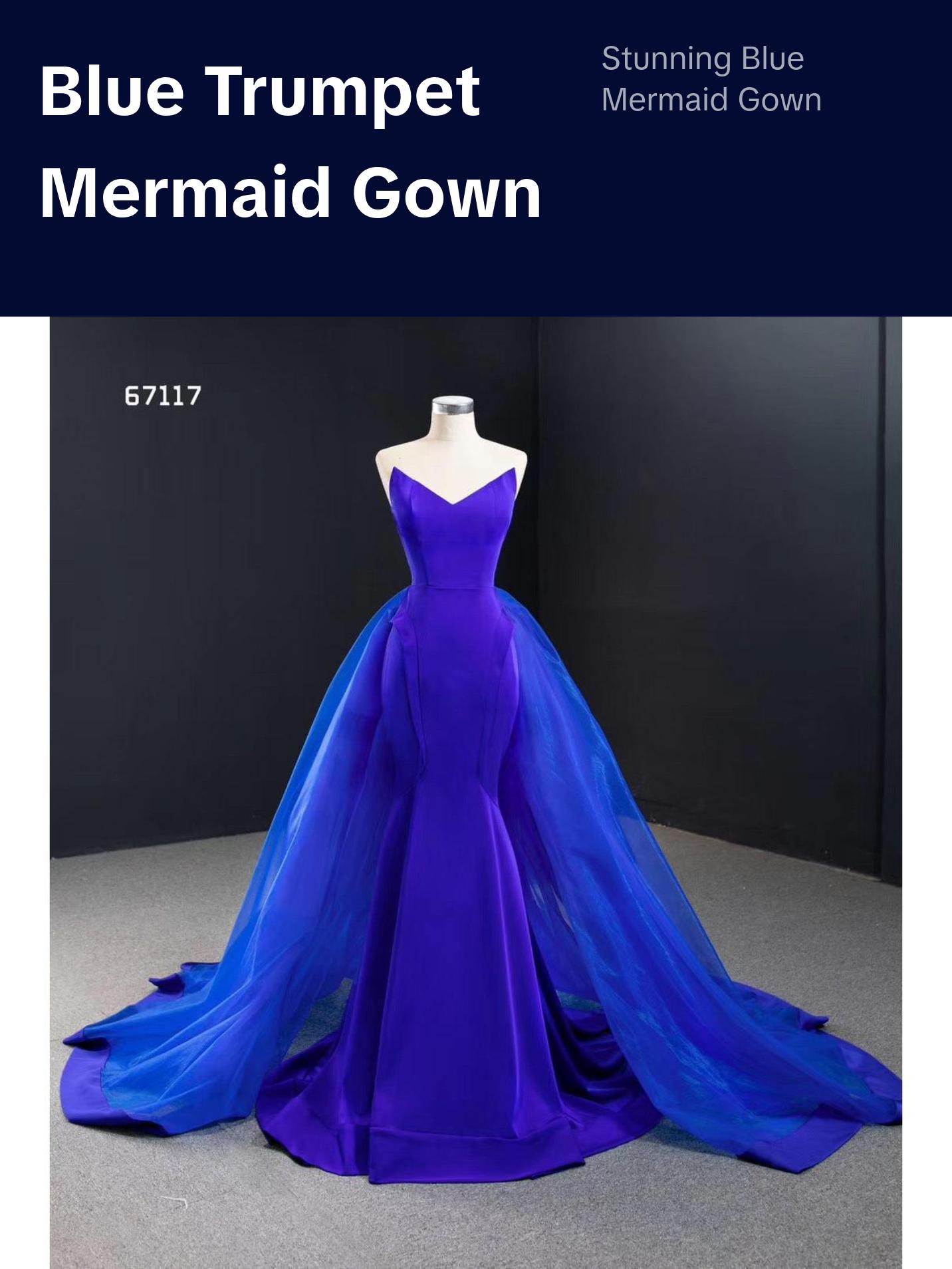 Blue Trumpet Sexy Mermaid Elegant Detachable Train Evening Gown