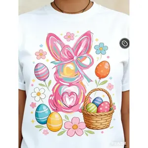 Casual Women's Easter TShirt Featuring Bunny with Pink Bow and Colorful Swirls Round Neck Short Sleeve Tee