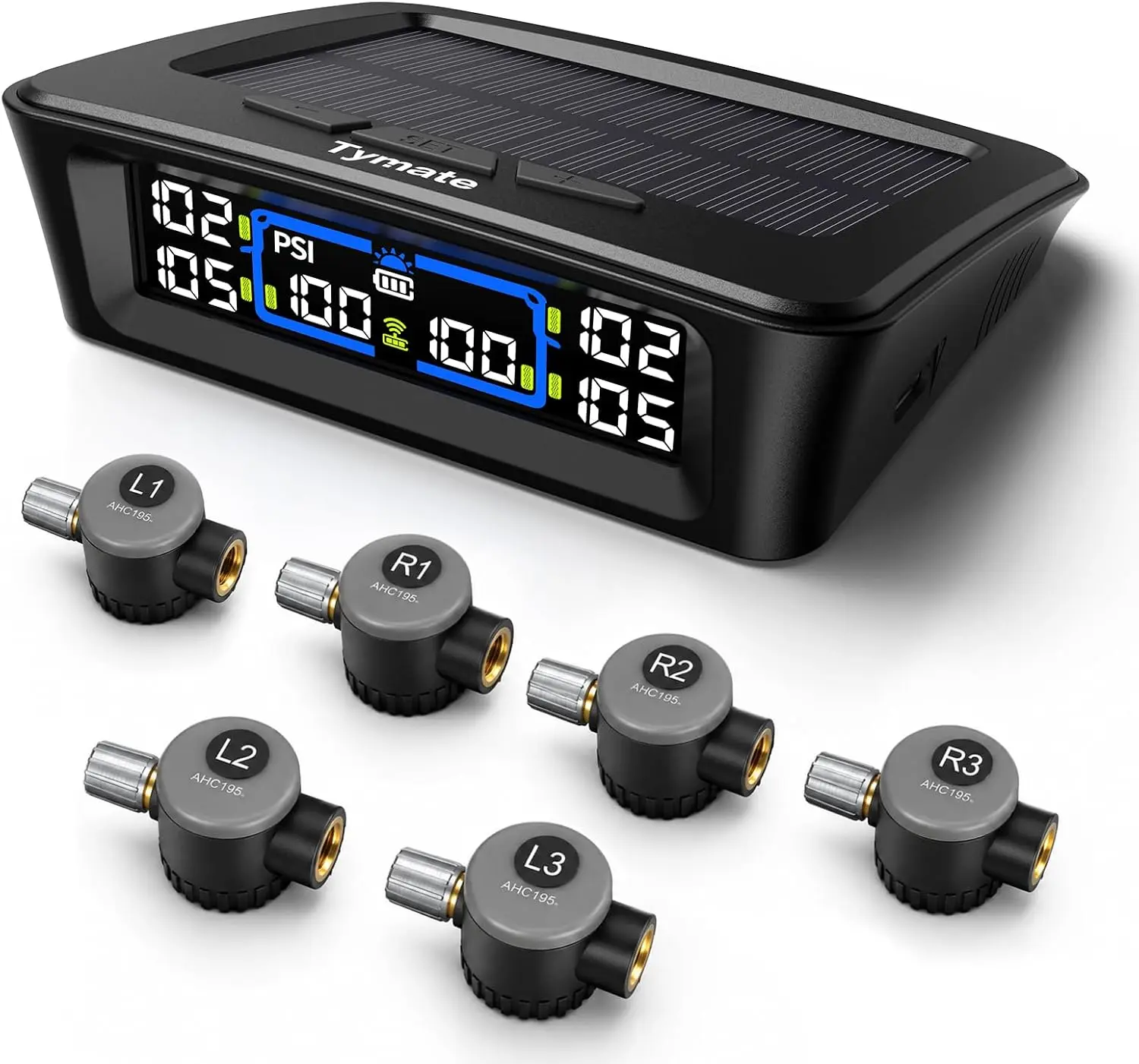 TYMATE TM12 RV Tire Pressure Monitoring System, 6 Flow-Thru Sensors TPMS | Max. 12 Tires Info Monitoring, Easy to Inflate, 6 Alarm Modes, Solar/USB Charge, 50ft Range, 0-144PSI for RV/Trailer/Truck Tpms Sensor Replacement