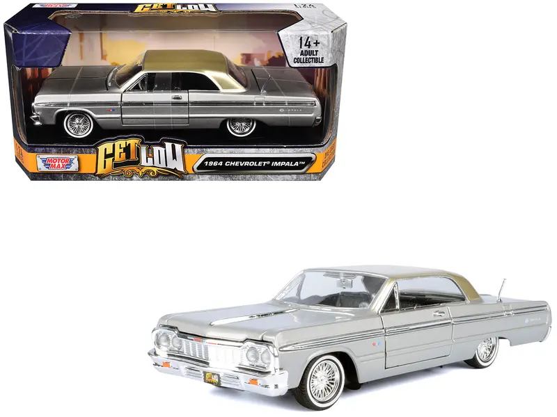 1964 Chevrolet Impala Lowrider Hard Top Silver Metallic with Gold Metallic Top "Get Low" 1/24 Diecast Model Car by Motormax