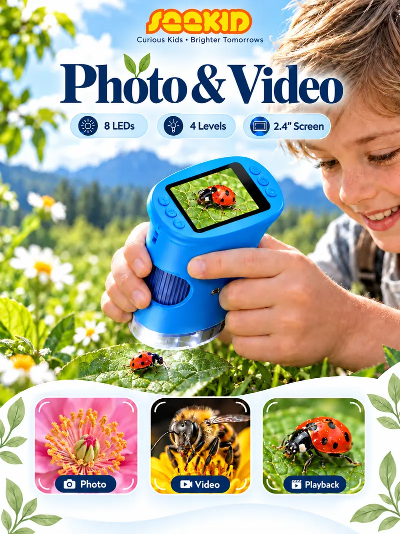 【2027 Upgrade】SEEKID 1000X Handheld Microscope for Kids with 4K 2.0" Screen, Photo & Video Camera, Rechargeable and Portable, a Fun STEM Gift & Birthday Present for Ages 3+,back to school