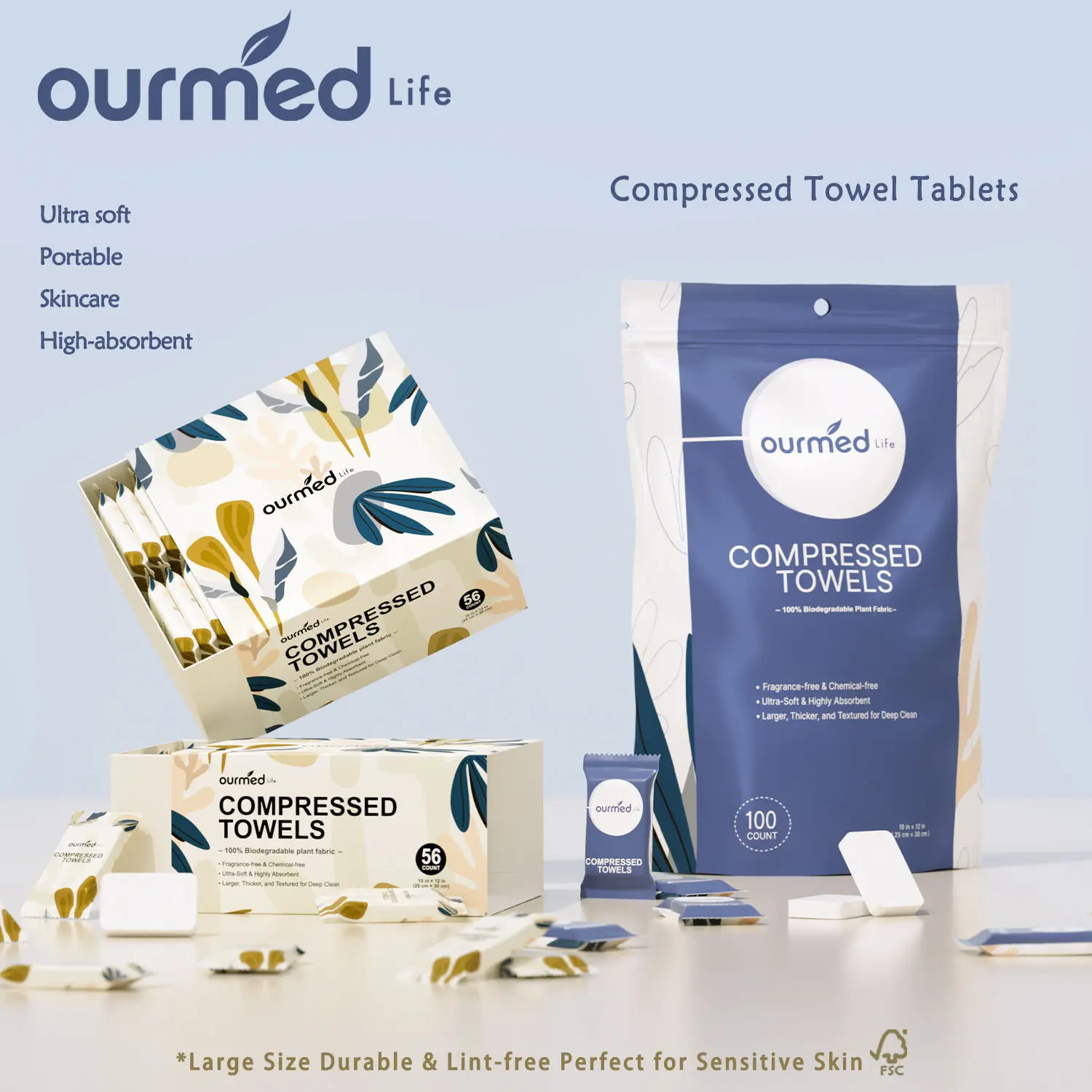Ourmed Life Portable Compressed Rayon Plain Towel Tablets - Individually Wrapped, Quick Expand, Soft, Lint-Free Bath Towels, 12"x10" Single Use Towelettes, Eco-Friendly for Adventure, Clean Up Messes Anywhere (112 Count, 2 Pack, Bagged/Boxed Options)