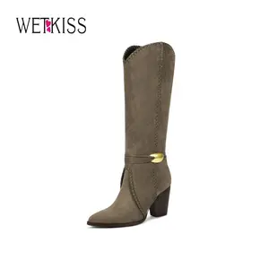 Wetkiss Cowboy Boots for Women Suede Knee High Cowgirl Boots, Braided Detailing, Metal Buckle, Pointed Toe, Chunky Heel, Fashion Retro Western Tall Boot #TikTokShopSpringGlowUp #greenish