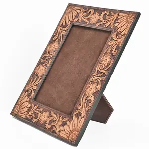 American Darling Hand Tooled Leather Photo Frame with Floral Carving, Western Tabletop Display, 10.5 x 9 Inch