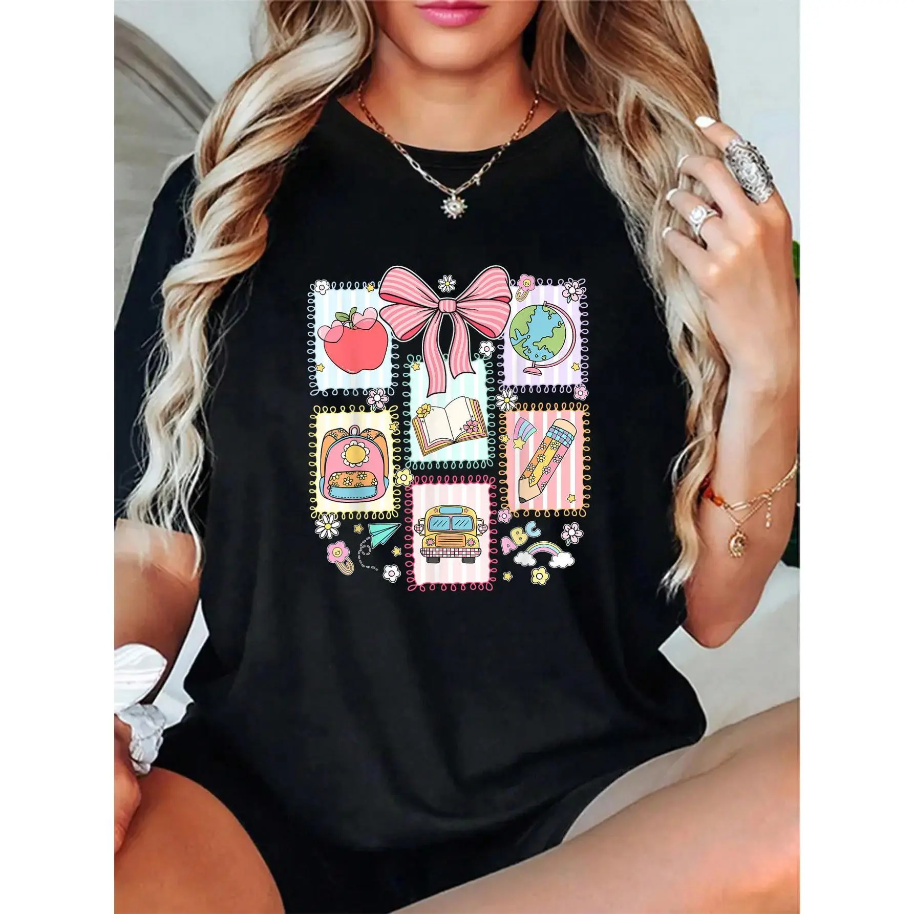 Women's 100% Cotton Cute Coquette Bow "Be Yourself" Print T-Shirt - Short Sleeve, Soft, Breathable Check Fabric, Everyday Fit, Back to School Theme, for Teachers, Love-Inspired Style, Tee