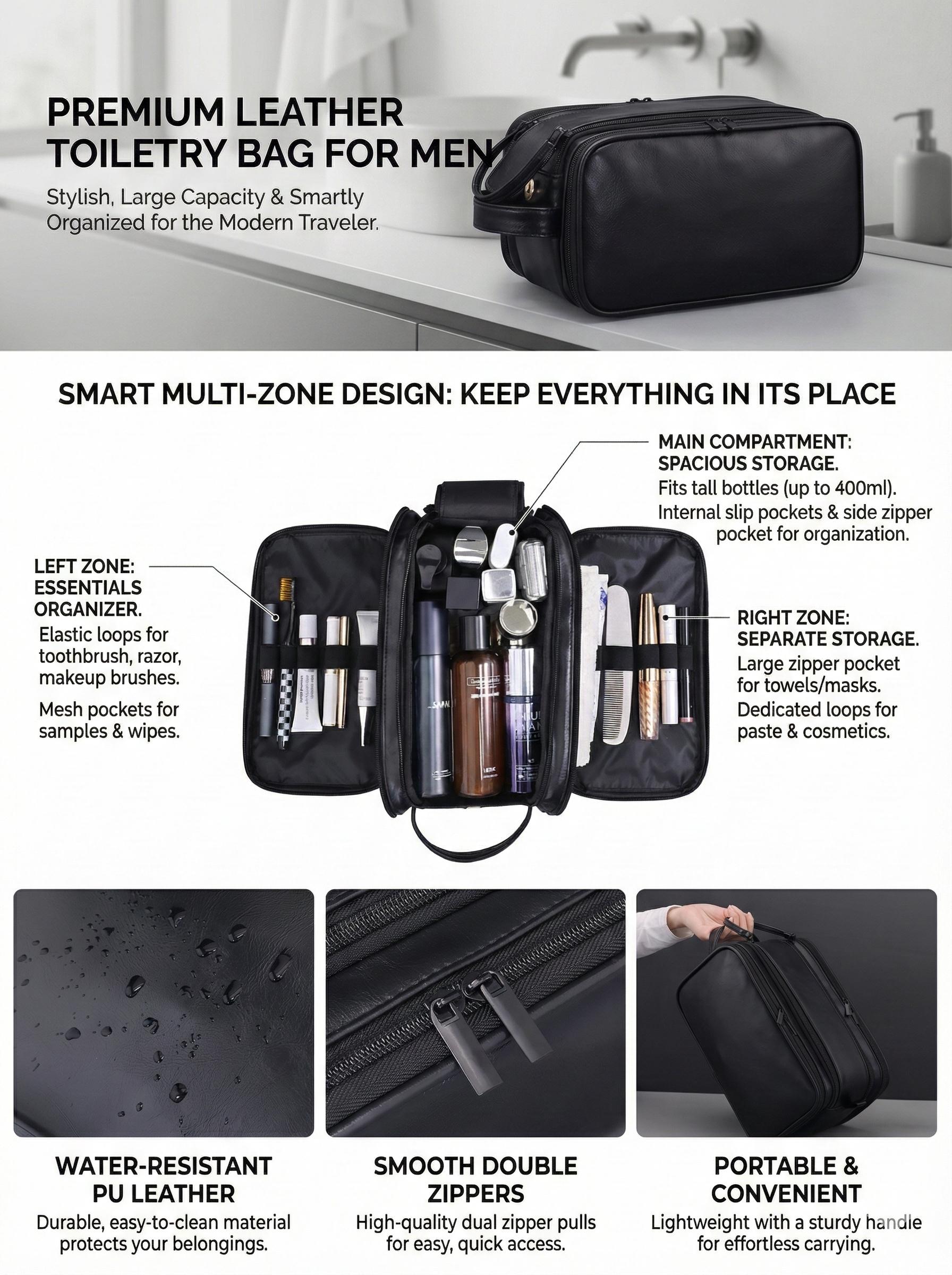 Toiletry Bag for Men, Travel Essentials Shaving Dopp Kit, Mens Travel Bag Toiletries Organizer Case for Grooming, PU Leather Water Resistant Cosmetic Bag Pouch Durable Makeup Container Set Valentine's Day Gift TikTokShopJumpstartSale SpringStatements