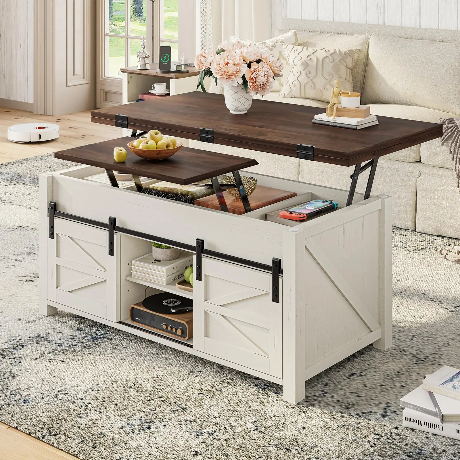 40" Lift Top Coffee Table with 4 Sliding Barn Doors, 4-in-1 Farmhouse Coffee Table with Storage & Barn Doors, Convertible Dining Table & Home Office Desk, Center Table, Brown White