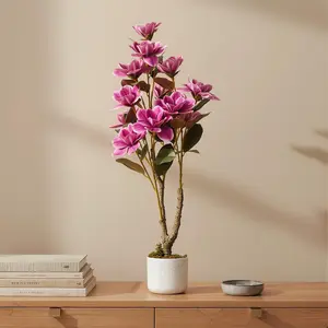 Artificial Magnolia Tree 3.1FT 12 Lifelike Pink Flowers in White Planter Realistic Fake Potted Magnolia Grandiflora for Home and Office Decor,1pcs