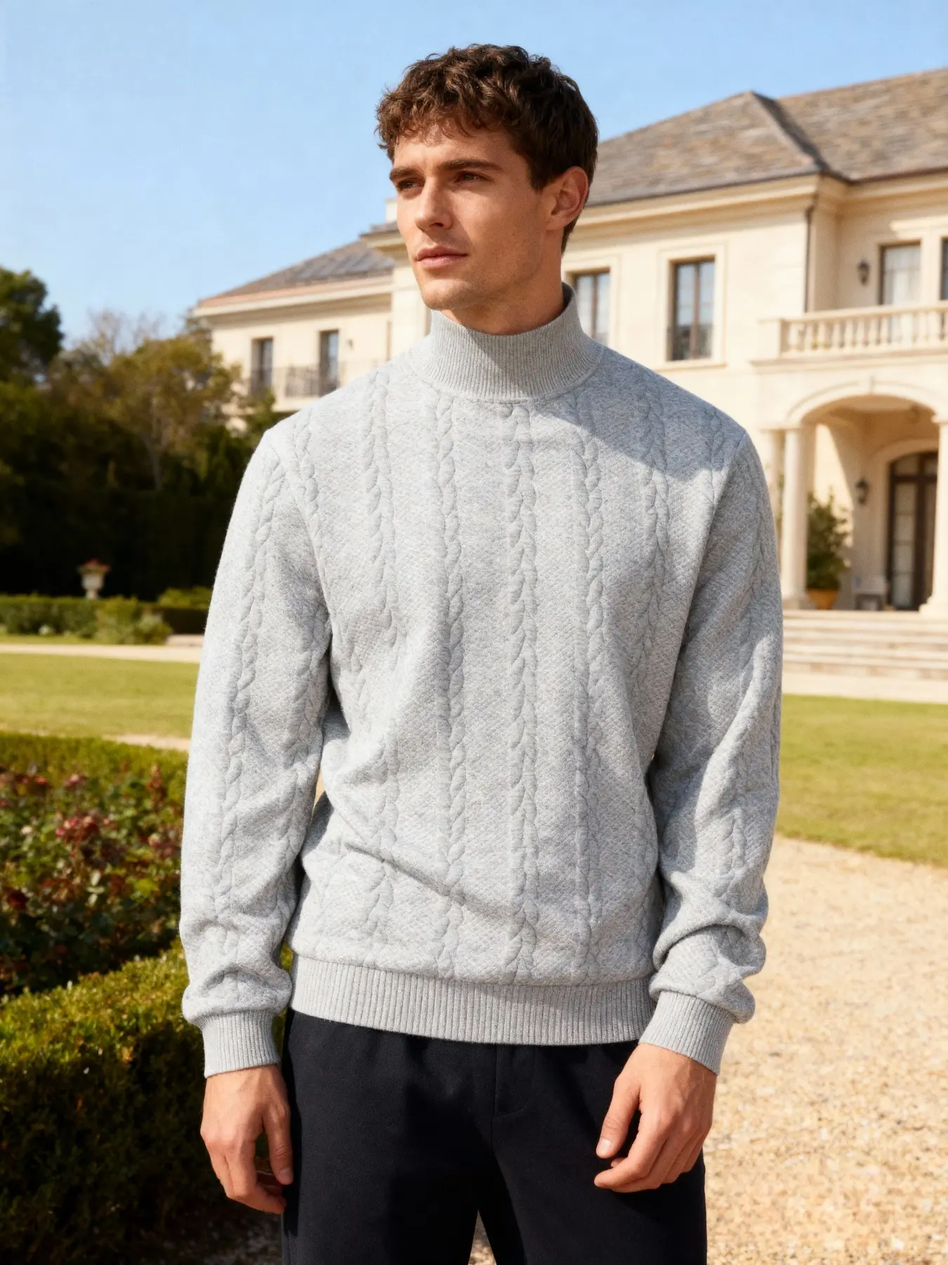 Men's Turtleneck Cable Knit Sweater, Soft Warm Solid Color Knit Top, Casual Business Pullover for Fall & Winter Layering & Outerwear