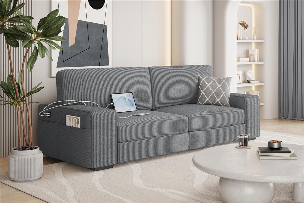 Yaheetech 83.5″ W 2-seater Upholstered Couch, Modern Corduroy Fabric Sofa Couch with Side Storage Pockets, USB Charging Ports for Living Room, 2 Packages Delivery