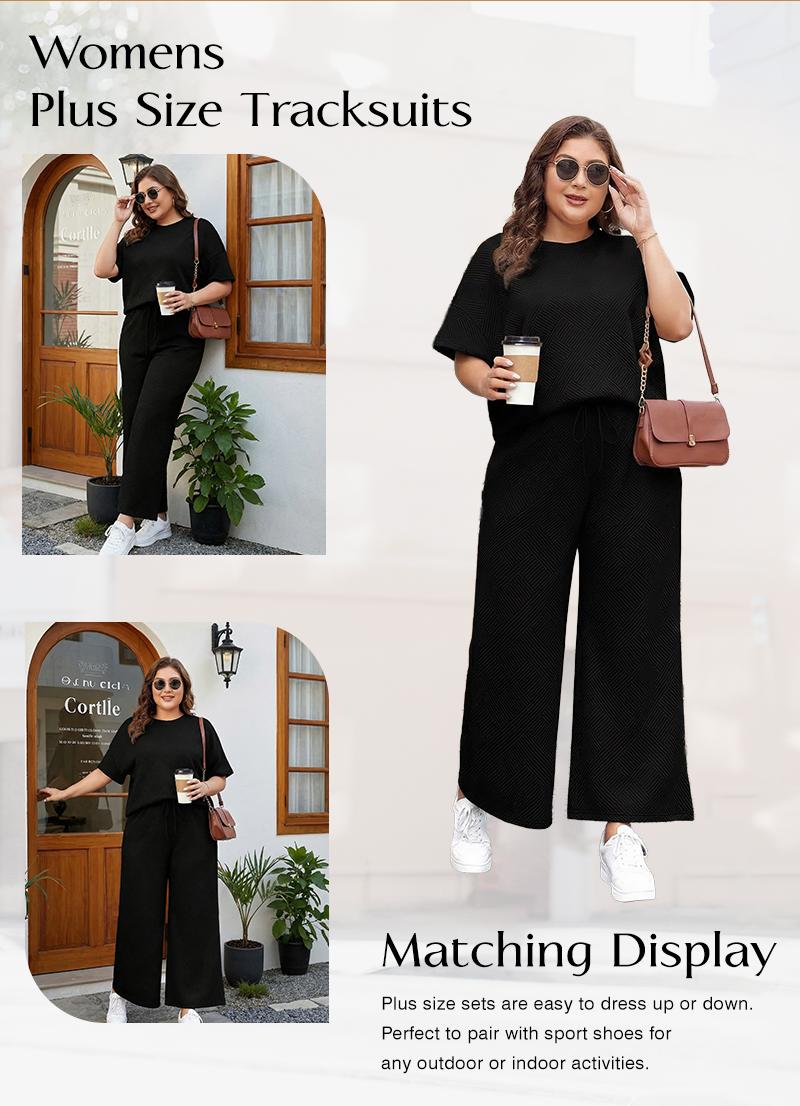 Eytino Womens Plus Size Sweatsuits Casual Short Sleeve Tops High Waist Wide Leg Pants 2 Piece Tracksuit Lounge Sets(1X-5X)