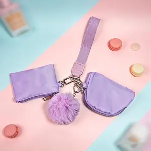 Wristlet Wallets for Women, Keychain Wristlet Wallet with 2 Detachable Pouches and Fluffy Pom Pom, Water Repellent Nylon Wallet Wristlet Keychain Coin Purse, Hands-Free for Workout Travel Commute