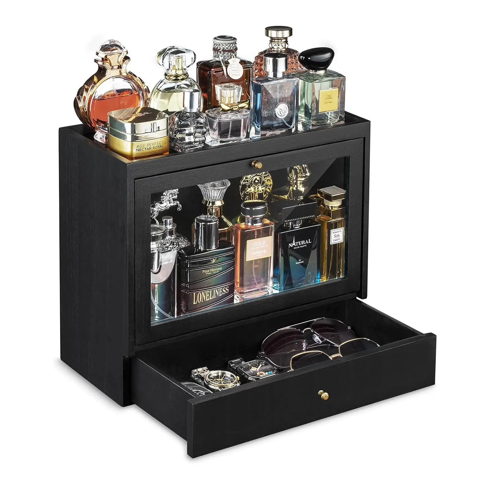 Emfogo Men's Wooden Cologne Organizer - 3-Tier Vanity Display Shelf with Dustproof Acrylic Panel, Drawer, Large Capacity for Dresser, Black - Ideal Gift for Boyfriend, Unique Mens Gift, Gifts For Boyfriend