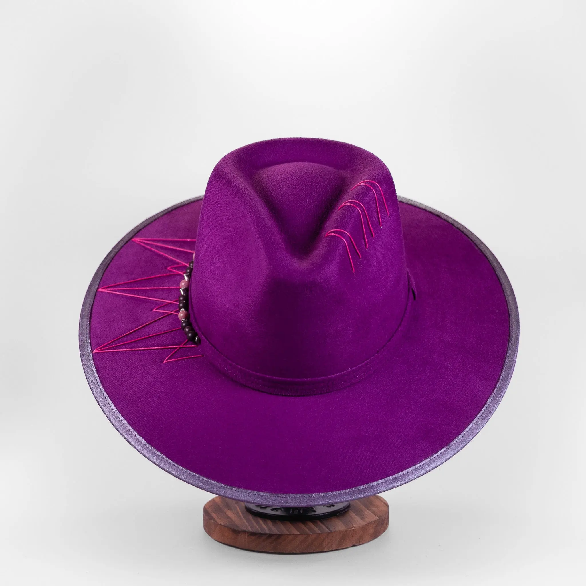 Handcrafted Boho Purple Spirit Hat – Violet Suede Fedora with Pink Tribal Stitches & Semi-Precious Beads