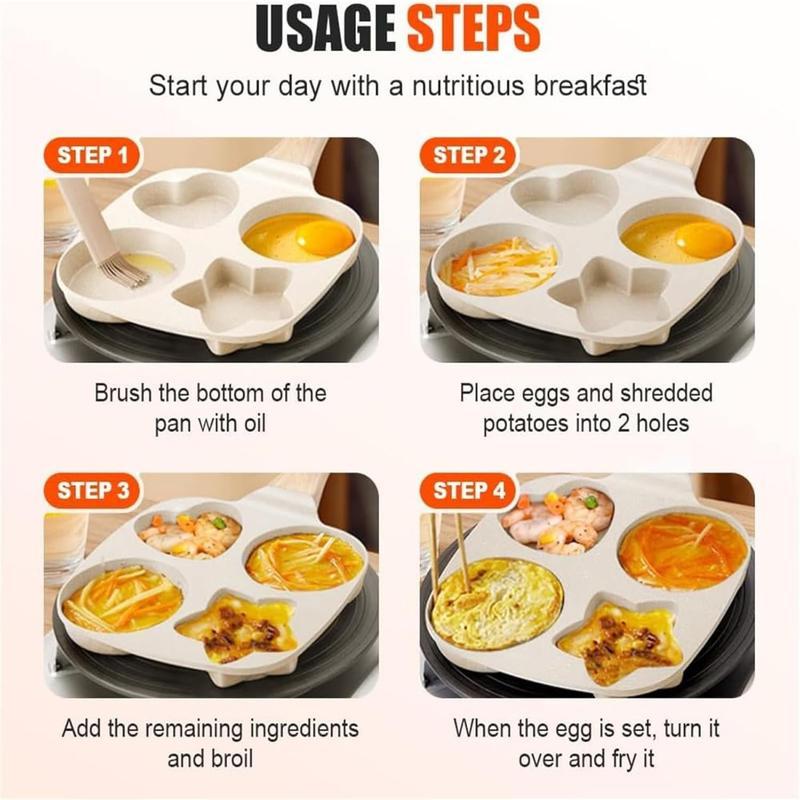 2026 Non-stick Star Hole Design Egg Frying Pan,4 Hole Skillet with Handle,Granite-Style Breakfast Skillet,Medical Stone liner,Nonstick,Easy to Clean,for Breakfast, Eggs,Burgers,for all stoves,Beige,20*20*3.5cm