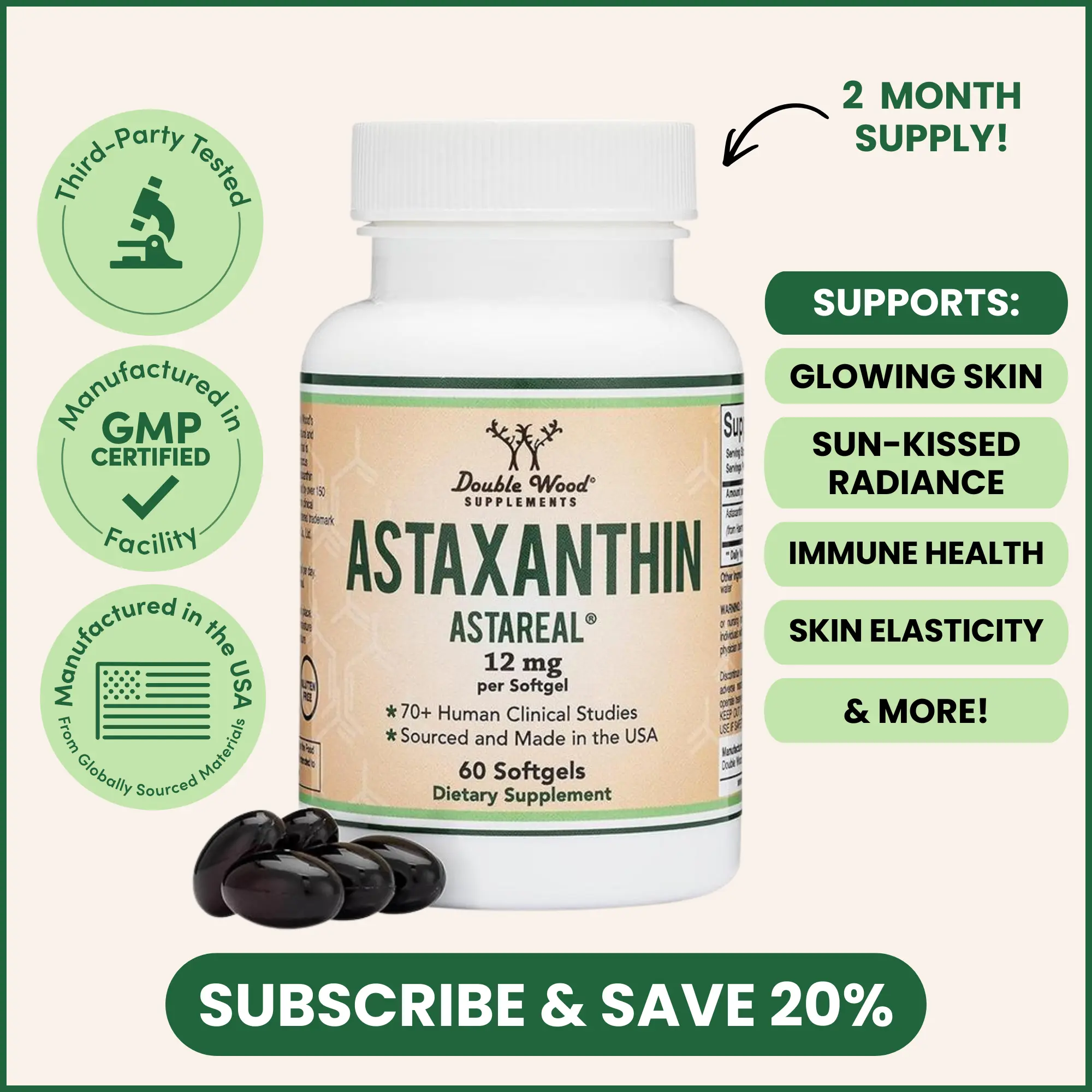 Astaxanthin | 12 mg | 60 Count | Supports antioxidant defenses, immune health, skin hydration, eye health | AstaReal | Double Wood Supplements