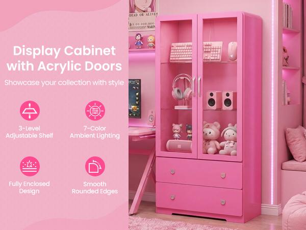 RoyalCraft Dopamine Display Cabinet with Acrylic Doors, Modern Storage Cabinet with LED Lights, Bookcase with Drawers & Adjustable Shelves, 3-Tier Curio Cabinet for Living Room, Home Office, DopamineDecor