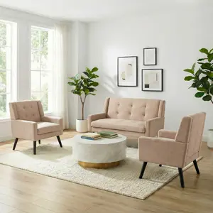 BESTER 3-Piece Living Room Set – 2 x Modern Linen Accent Chairs + 1 x 40.94" Wide Loveseat with High Tufted Backrest, Ergonomic Design, Thickened Cushions, Removable Covers, Solid Wood & Metal Legs, Skin-Friendly Linen/Suede