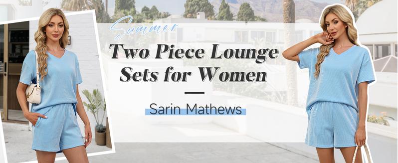 Miduo Women's 2 Piece Sets Ribbed Textured Knit Casual Short Sleeve Shirts Shorts Two Piece Lounge Matching Set for Spring Summer Fall Soft Womenswear