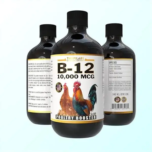 High Potency 10,000 mcg Vitamin B12 Liquid Supplement with Potassium Sorbate, Sodium Borate - 16 oz Potent Dose Water Booster for Poultry Birds, Ducks, Peacocks & Farm Animals (Shake Before Use)